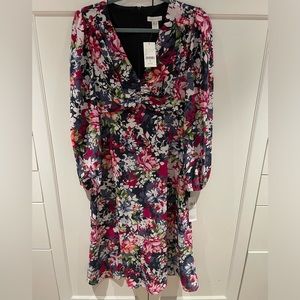 Blue and floral midi dress with ruched bodice